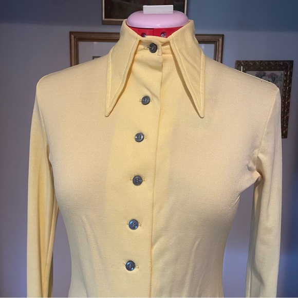 Vintage 60s/70s “Crazy Horse” Yellow Pointed Collar Button Down Blouse - Picture 3 of 9